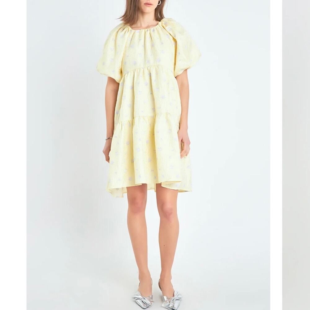 New English Factory Yellow Floral Jacquard Tiered Midi‎ Dress Large